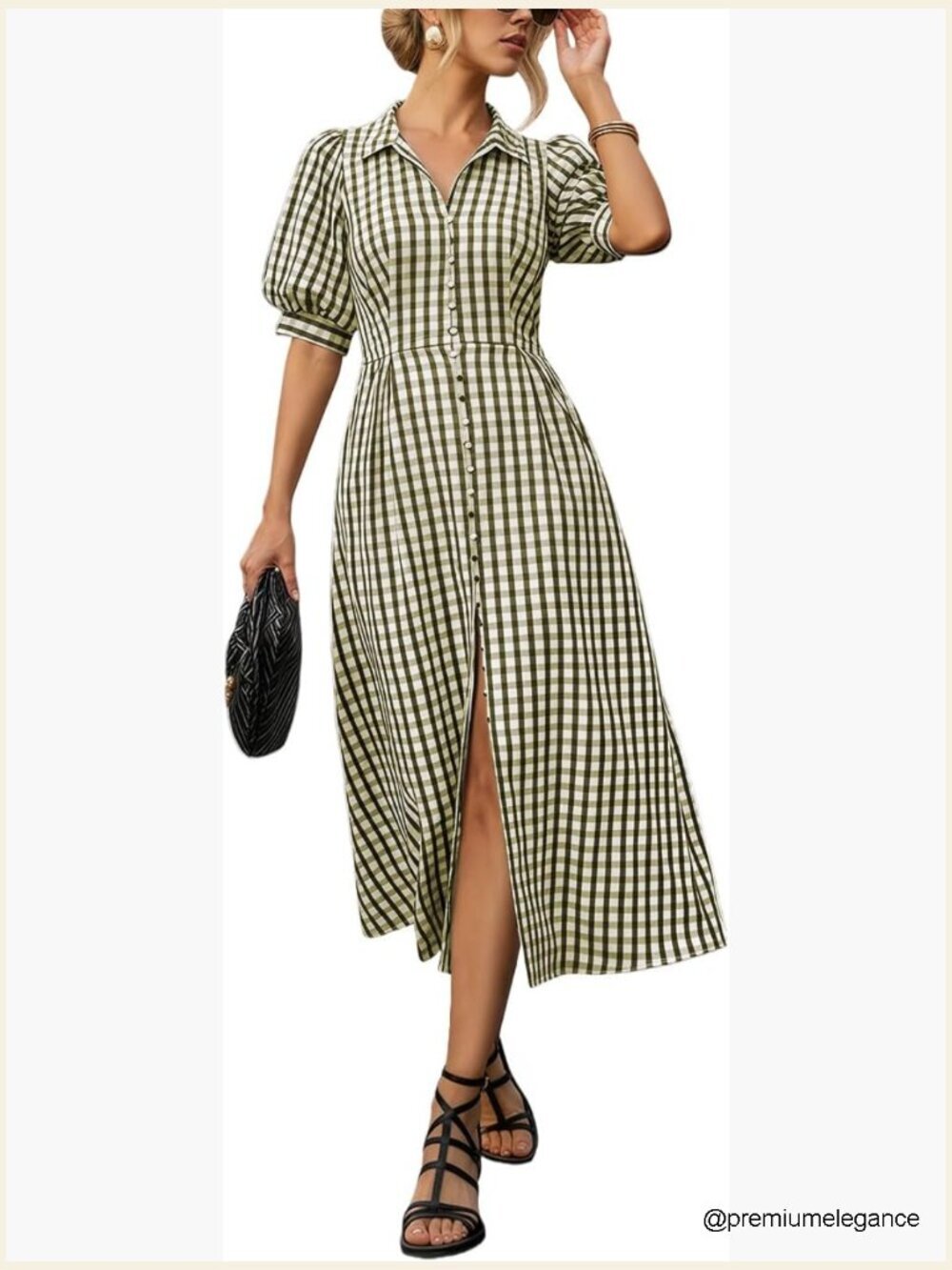 Gingham Midi Dress with Puff Sleeves and Pockets